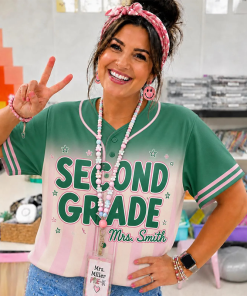 Personalized Grade Green Pink Ombre Cute Print Teacher Baseball Jersey