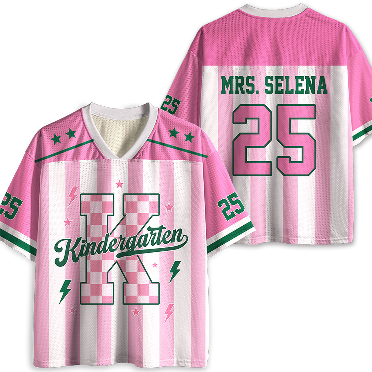 Personalized Grade Pastel Stripe Check Number Teacher Mesh Jersey - Image 3