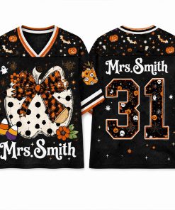 Personalized Name Number Polka Dot Pumpkin Halloween Teacher Mesh Jersey