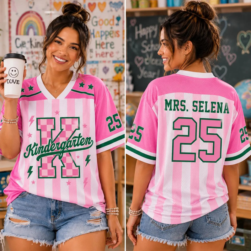 Personalized Grade Pastel Stripe Check Number Teacher Mesh Jersey - Image 6