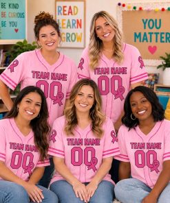 Personalized Name Number Pink Ribbon Decor Teacher Baseball Jersey