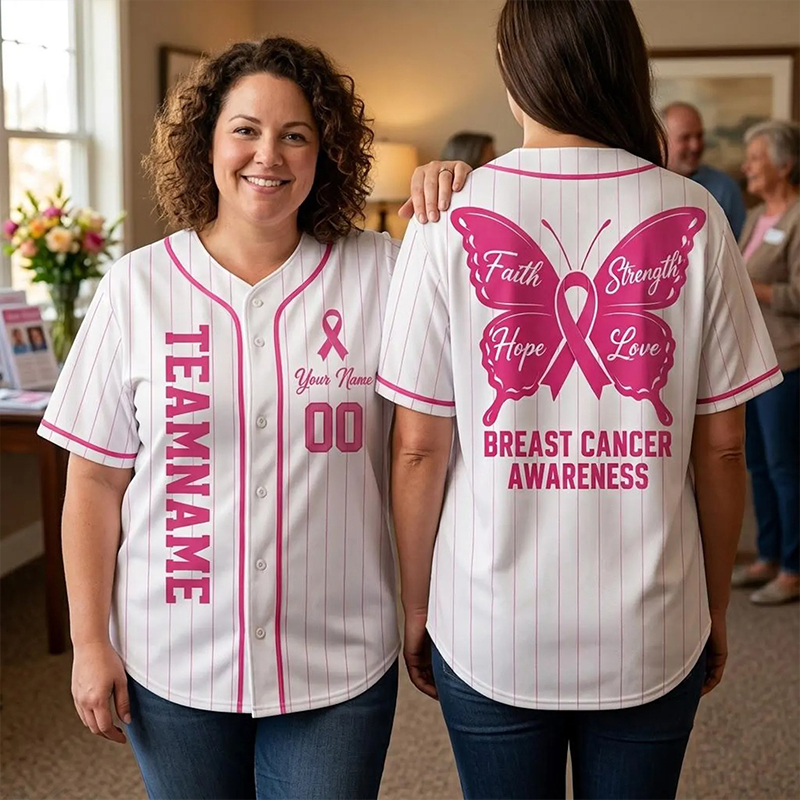 Personalized Name Name Number Pink Ribbon Butterfly Decor Teacher Baseball Jersey - Image 2