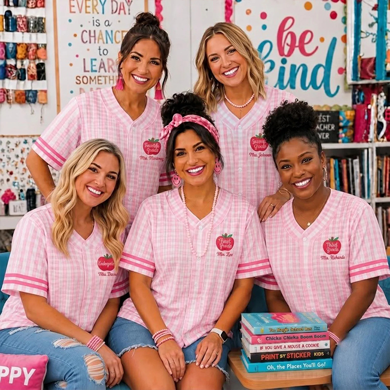 Personalized Grade And Name Apple Gingham Teacher Baseball Jersey - Image 2