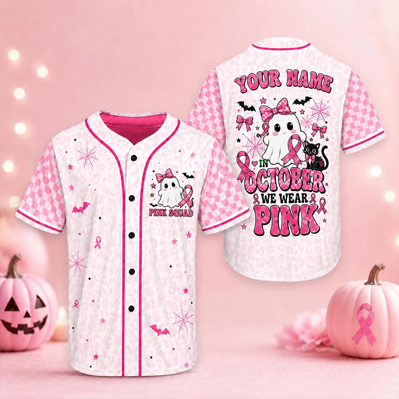 Personalized Name In October We Wear Pink Ghost Teacher Baseball Jersey - Image 2
