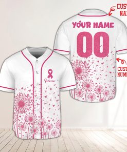 Personalized Name And Number Breast Cancer Warrior Pink Ribbon Dandelion Teacher Baseball Jersey