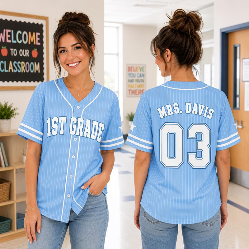 Personalized Grade Number Print Pinstriped Teacher Baseball Jersey - Image 5