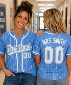 Personalized Grade And Name Striped Button Down Teacher Baseball Jersey