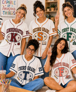 Personalized Grade Initial Letter Contrast Piping Vintage Teacher Baseball Jersey