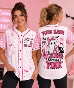 Personalized Name In October We Wear Pink Ghost Teacher Baseball Jersey