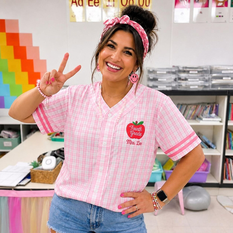 Personalized Grade And Name Apple Gingham Teacher Baseball Jersey - Image 3