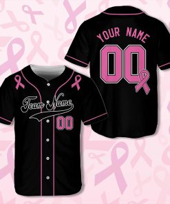 Personalized Team Name And Number Pink Ribbon Teacher Baseball Jersey