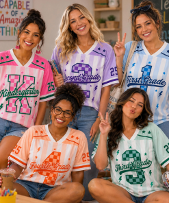 Personalized Grade Pastel Stripe Check Number Teacher Mesh Jersey