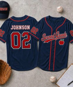 Personalized Grade Name Number Apple Graphic Striped Teacher Baseball Jersey