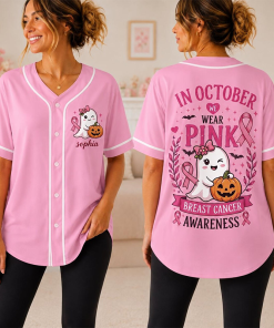 Personalized In October We Wear Pink Ghost Pumpkin Breast Cancer Awareness Baseball Jersey