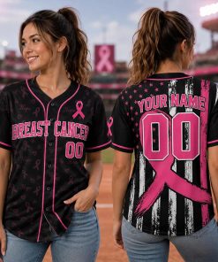 Personalized Name Number Pink Ribbon Flag Stripe Baseball Jersey