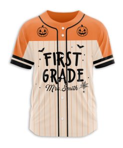 Personalized Grade Name Halloween Pumpkin Bat Teacher Baseball Jersey