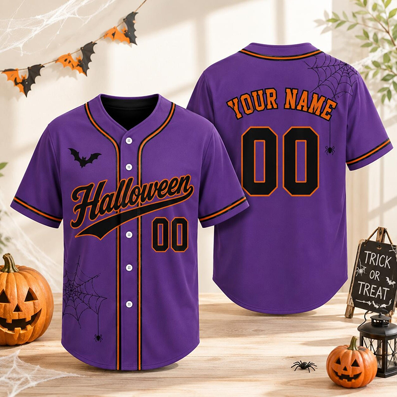 Personalized Name Number Retro Script Halloween Spider Web Baseball Jersey - Image 2