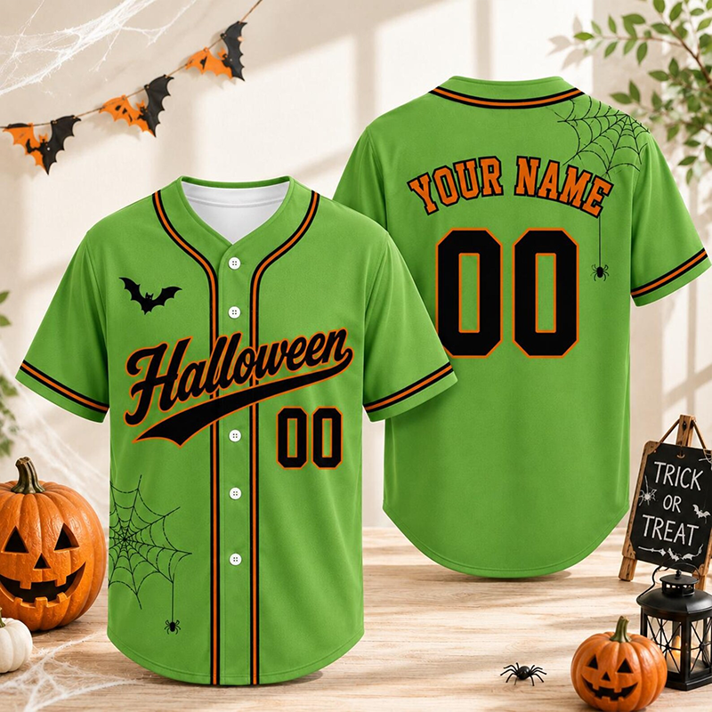 Personalized Name Number Retro Script Halloween Spider Web Baseball Jersey - Image 3
