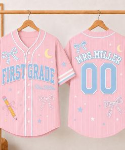 Personalized Grade And Name Bow Pencil Star Moon Graphic Teacher Baseball Jersey