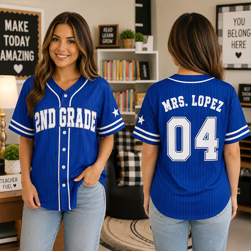 Personalized Grade Number Print Pinstriped Teacher Baseball Jersey - Image 4